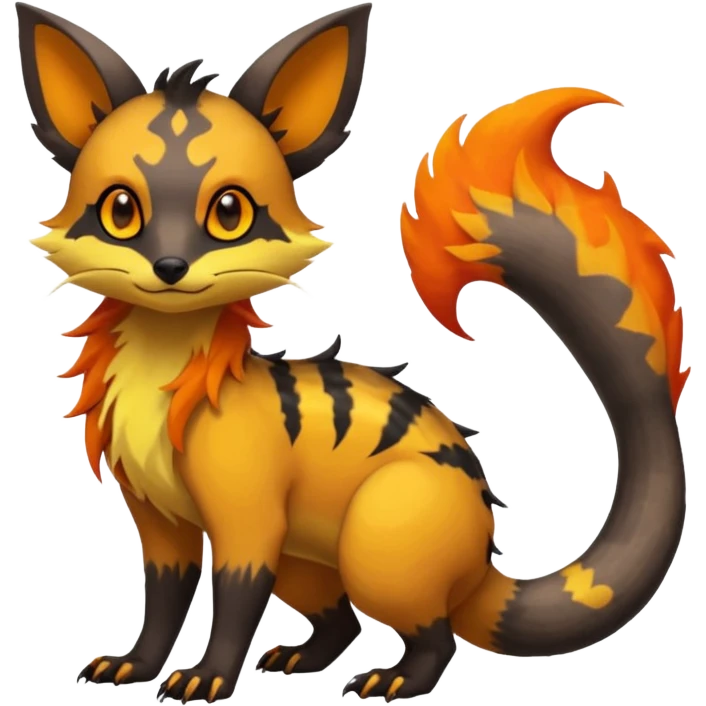 Rare warm-colored exotic cute epic aesthetic gothic colorful Salandit-Eevee-Civet-species-Fakemon-hybrid-creature, with markings, full body emoji