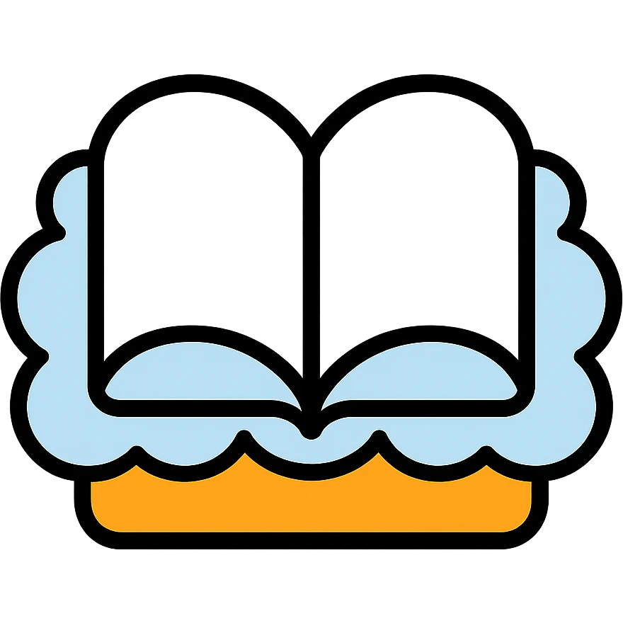 open thick white book made of fluffy white clouds, colorful outlined icon style emoji