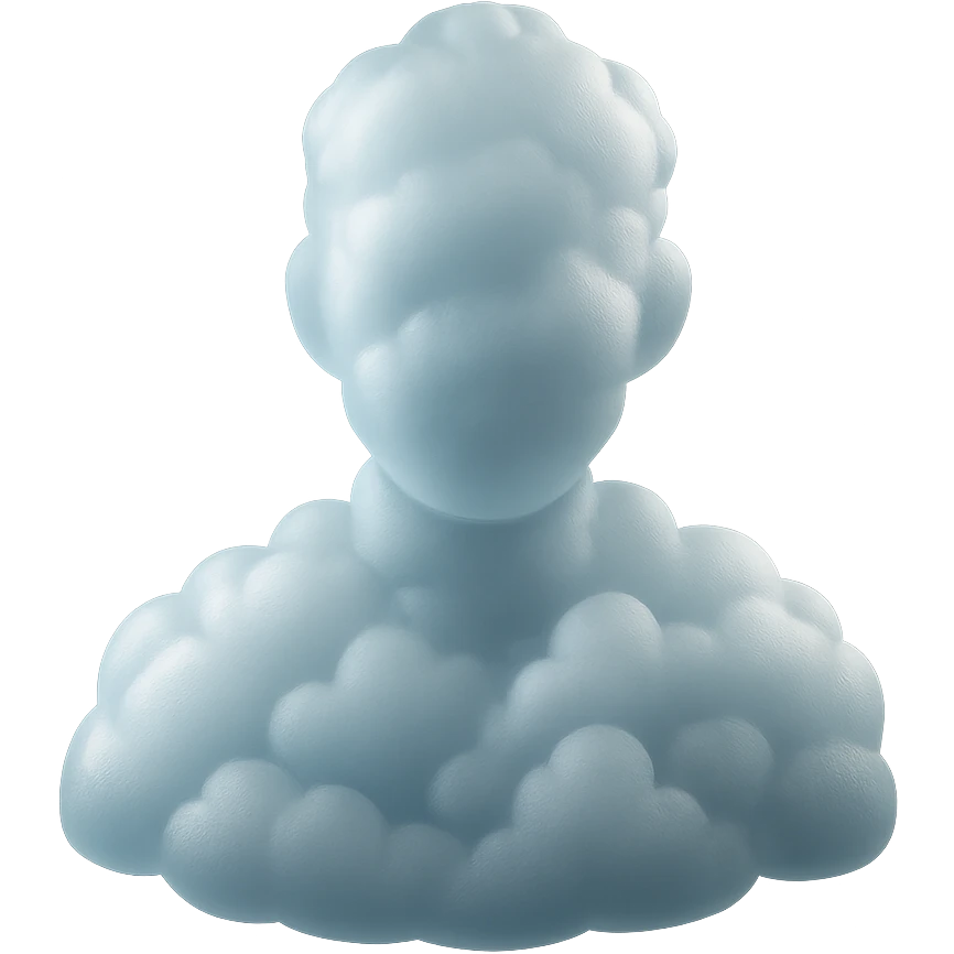 person assembled from bright clouds, shoulder up, front view, matte glass style emoji