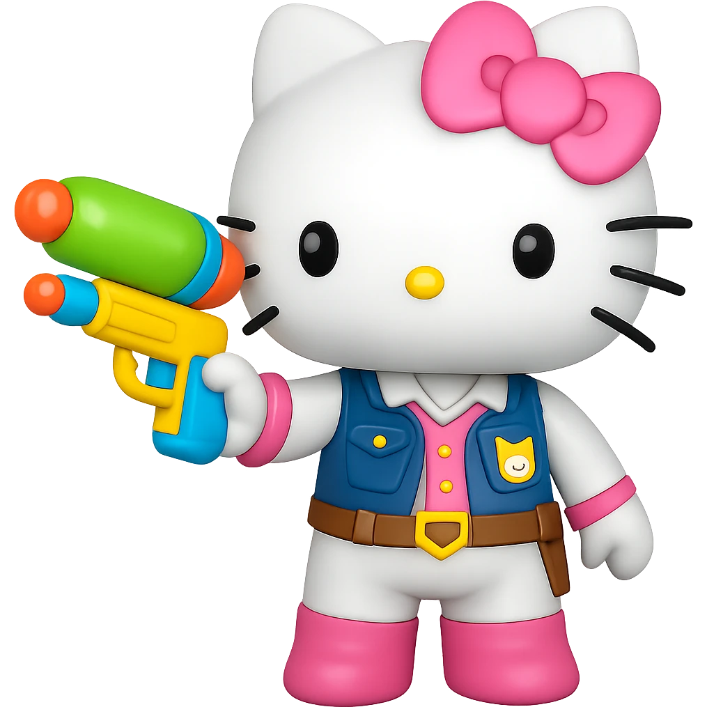 Change the pistol to a colorful water gun, keep the Hello Kitty character in emoji style, no background. emoji