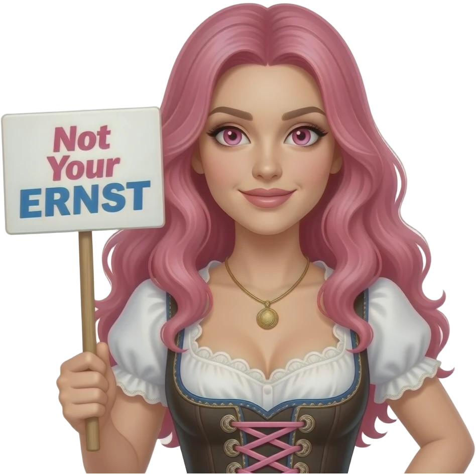 sexy girl with long pink hair and pink eyes wearing a dirndl holding a Not Your ERNST sign emoji