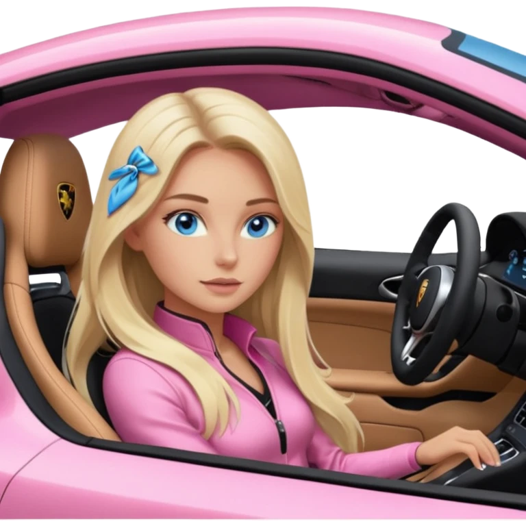 pink Porsche taycan with blonde girl, long hair, blue eyes, sitting inside the car, front view point of view, no sunglasses, sexy emoji