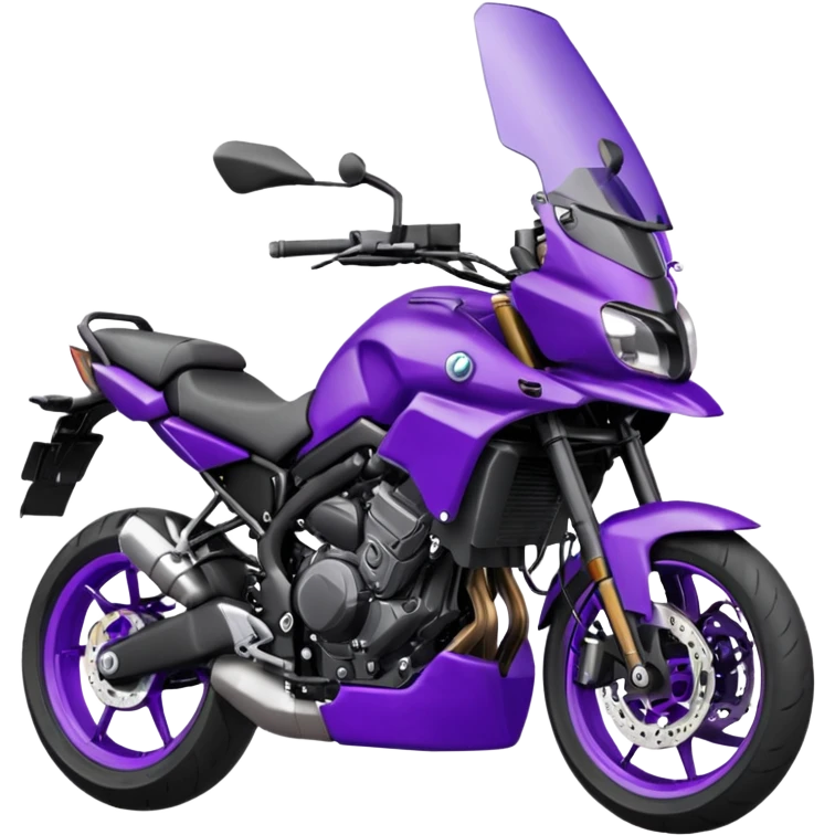 Créer un emoji avec une moto mt07 sport noir mate / violet iridescent très foncé, pare-brise de la moto violet. Avec une pilote dessus visière violet sombre visage caché . Avec fond arrière violet en arrière plan. emoji