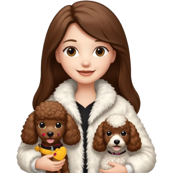 A white smiling girl with a long brown straight(middle part) hair and wearing a fur white jacket holds a brown poodle emoji