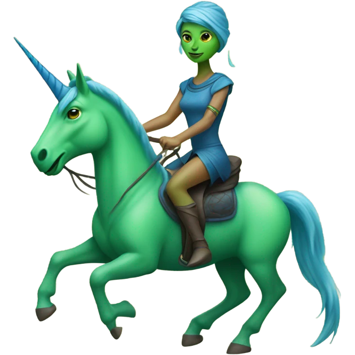 a green amazon alien woman on a blue unicorn no woke emoji