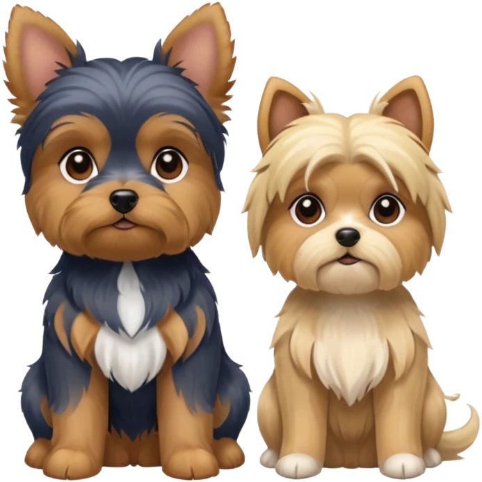 Generate a blue and tan purebred yorkie with a blonde shi tzu yorkie mix with floppy ears sitting next to each kther emoji