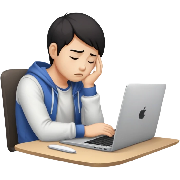 Create an emoji of a tired person of Asian descent, sitting at a laptop, looking exhausted and frustrated. They have slouched posture, representing overwork and burnout. emoji