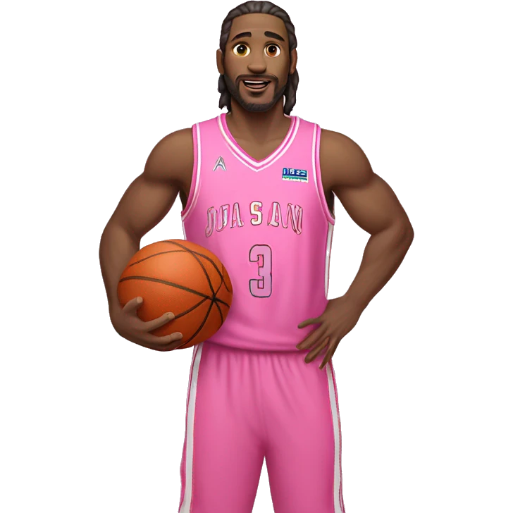 An emoji of a white-skinned man with slightly long hair, wearing a pink basketball jersey and holding a pink basketball emoji