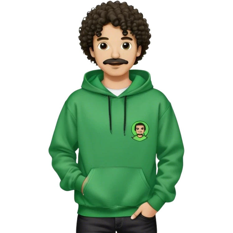light skin man with mustache and curly hair wearing a green sex records hoodie with black jeans and balenciagas emoji