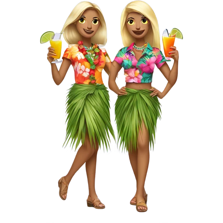 Two dancing blondes in Hawaiian clothes with cocktails emoji