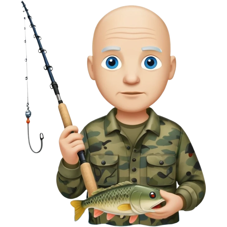 white bald man blue eyes fishing. camo crocs  emoji