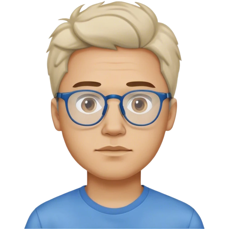 A man wearing a blue shirt over a white tshirt, with frameless glasses and having a bit messy middle part hairstyle  emoji