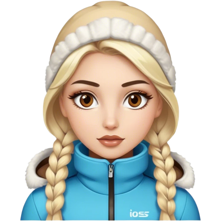 Blonde model with brown eyes, ski outfit, luxury makeup emoji