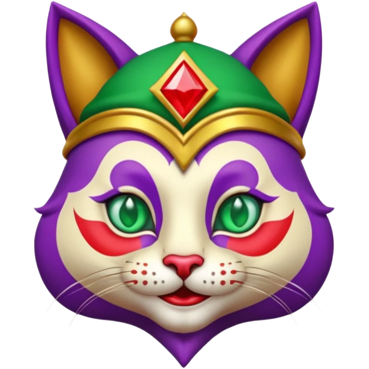 crazy colorful cute little cat jolly joker from poker, medieval, vintage, court jester, mac os icon, purple, gold and red color, half body, emerald green ice eyes, golden earrings. Squared shape as 3D mac os icon, symmetrical emoji