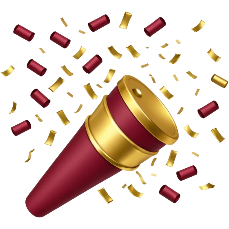 Burgundy and white confetti coming out of gold popper emoji