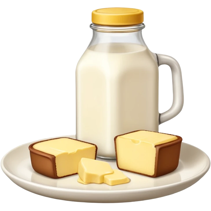 one bottle of milk with a brown cap and a piece of mini butter on a plate  emoji
