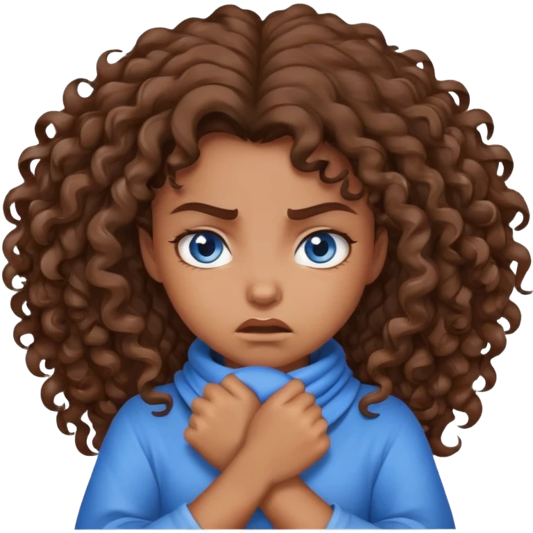 an angry girl with curly brown hair and blue eyes wrapping her hands around her neck emoji