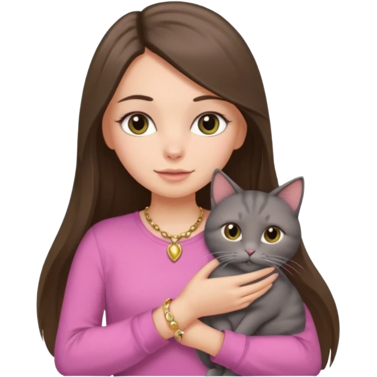 a white girl with brunette long straight hair holding a grey cat. the girl has long lashes and has on a pink shirt and gold jewelry. emoji