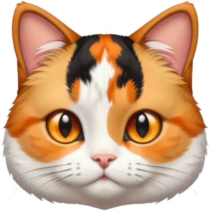calico cat with small head, hazel eyes, and short but chubby body emoji