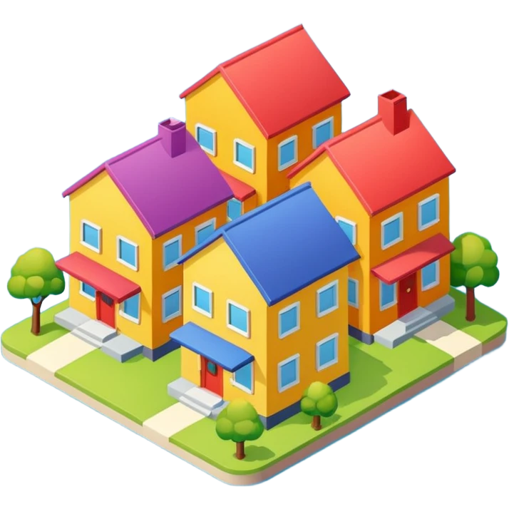 group of 3 houses representing neighborhood isometric houses on transparent background iphone like emoji