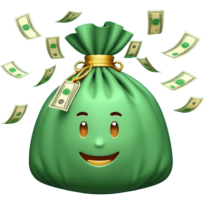 

3D emoji style, big bag of money, flying dollar bills, rich casino vibe, smooth lighting, high detail, clean edges, transparent background



 emoji