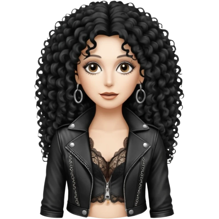 realistic cinematic singer Cher in a typical rocker's attractive outfit with leather and lace, half-naked, huge curly hair like in the video If I Could Turn Back Time emoji