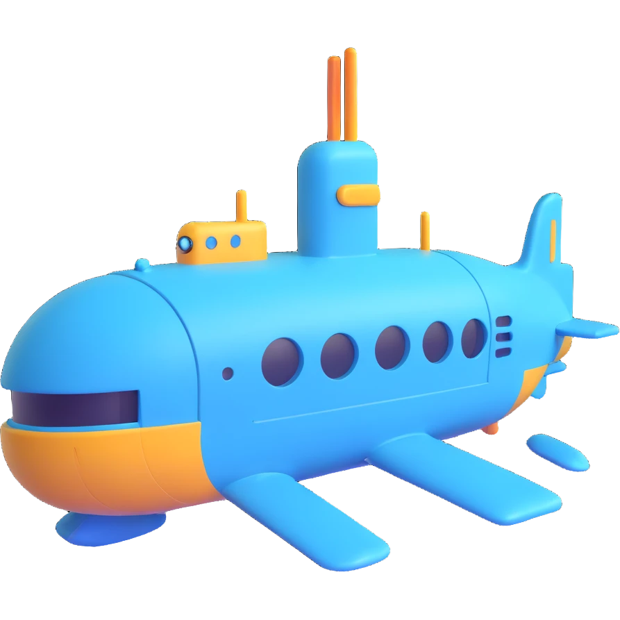 3D style submarine with the word 'Thanks' on it, playful and friendly, clear and readable text emoji