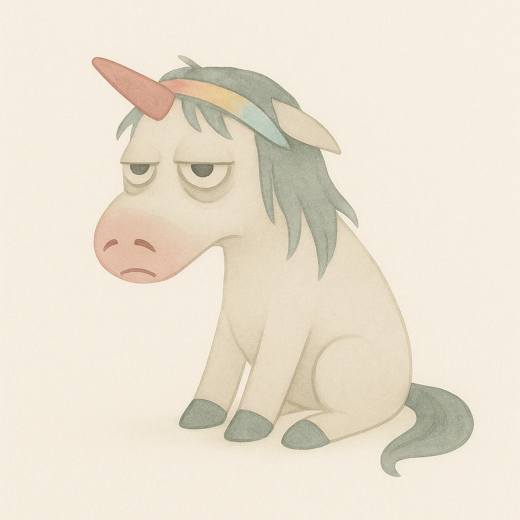 Remove the bathrobe and coffee cup from the unicorn. Add a cheerful, bright headband. Keep the painterly watercolor style, unicorn remains disgusting and rumpled with bags under his eyes and a drooping horn. emoji