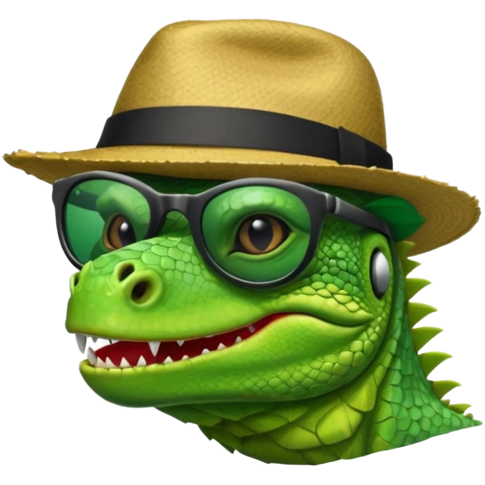 capitalist iguana head with black reflex sunglasses and hat smiling sarcastically emoji