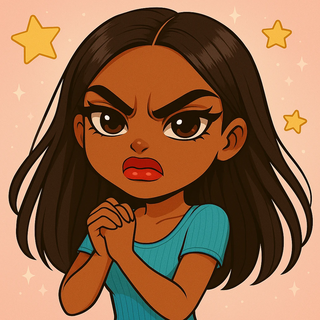 Change her expression to angry, keep her as a 20-year-old anime Bratz style woman with dark skin, dark hair, crying laughing outfit style, big expressive eyes, and glossy lips. Maintain the anime Bratz style and the original look except for the angry expression. emoji