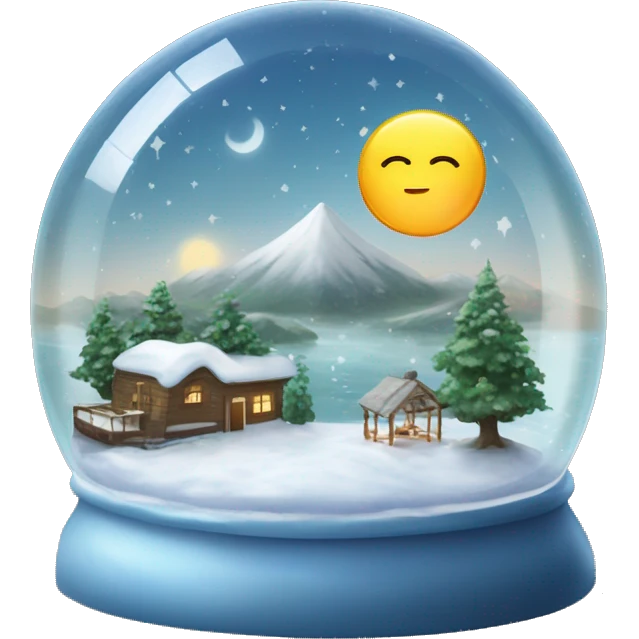 Semi-circular glass dome shaped like a snow globe with the sun and moon inside and land and water on the botto emoji