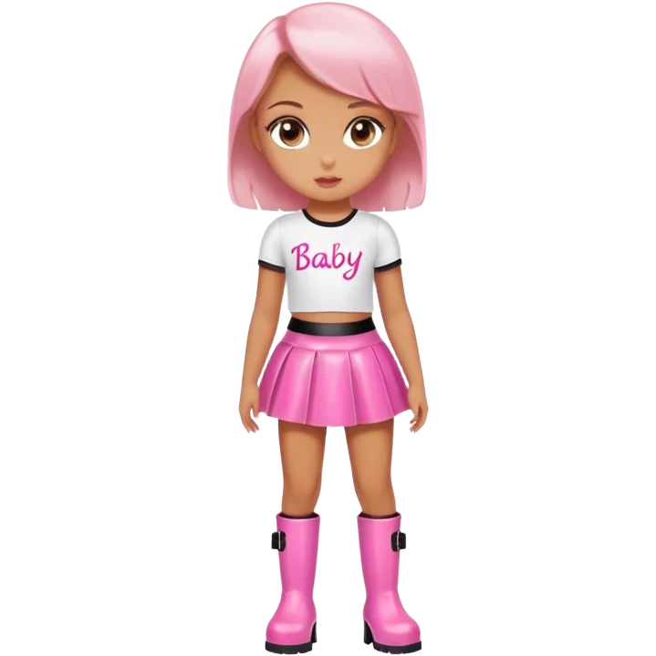 Mini latex skirt and boots and short top with pink inscription “Baby girl” emoji