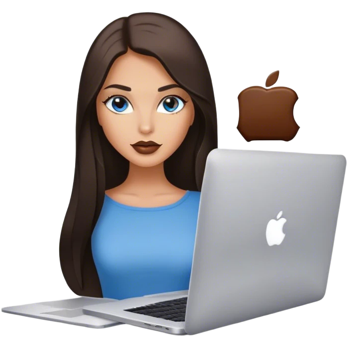 Glamours tanned very beautiful girl with pump natural beige lips and dark chocolate straight smooth long hair, blue-grey eyes with MacBook emoji