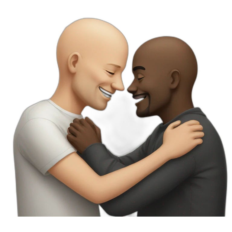 50 years old bald white guy hugs and kisses a 50 years old black bald guy emoji