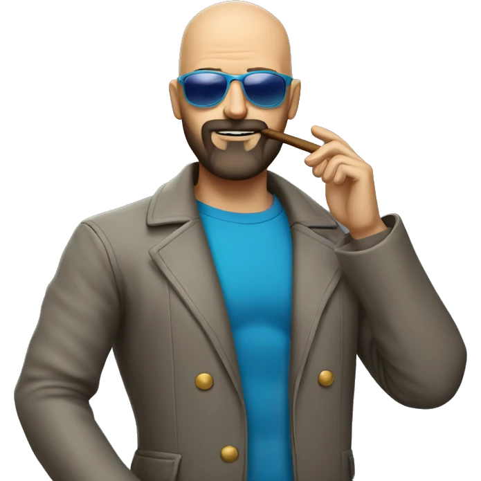 Bald man with brown beard and blue sunglasses.  Smoking cigar emoji