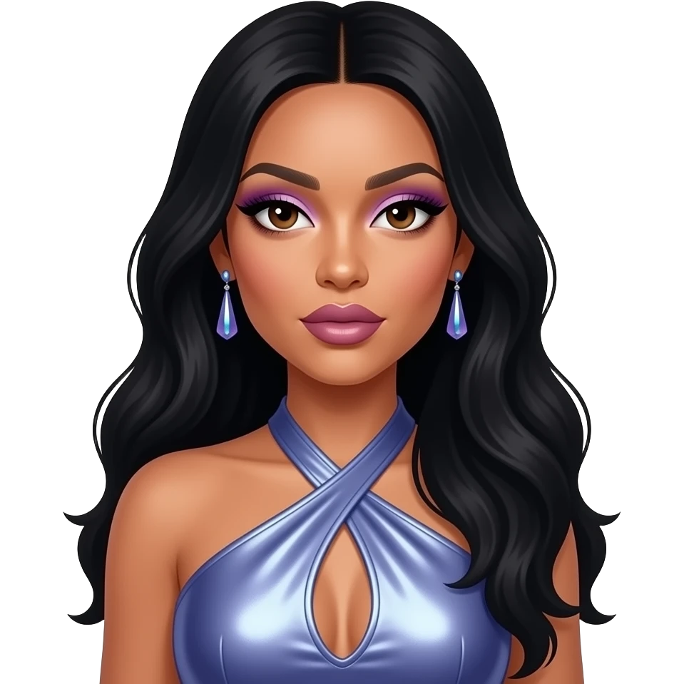 Cardi B with dark brown eyes, long black hair, periwinkle eyeshadow and lipstick, periwinkle metallic halter dress, periwinkle earrings emoji