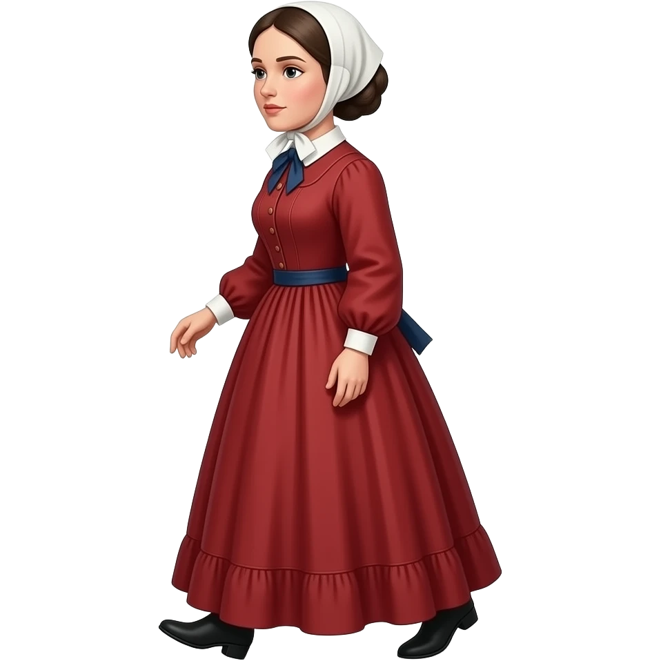 pioneer woman from 1850 walking sideways looking forward wearing a red dress emoji