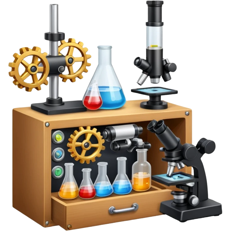 toolbox science, chemicals, mechanical gears, electronics, microscope, bohr atom model emoji