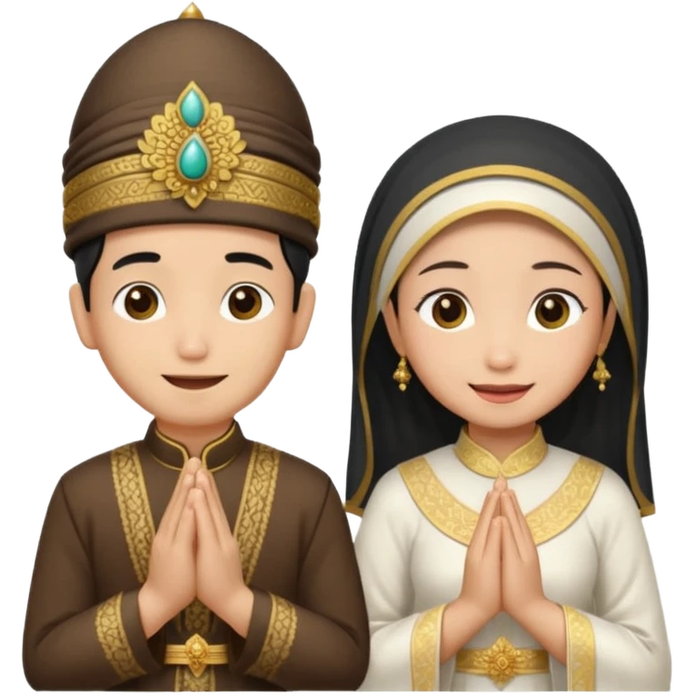 javanese person with shy smile (male) with blangkon hat and prayer hand, and also a javanese bride with sanggul and a shy smile emoji