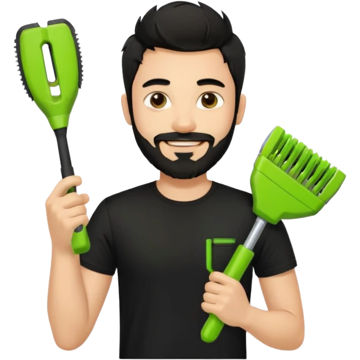 young handsome fair-skinned man with messy black hair and beard, smiling, wearing a black t-shirt, holding a palm-sized lime green trimmer in one hand emoji