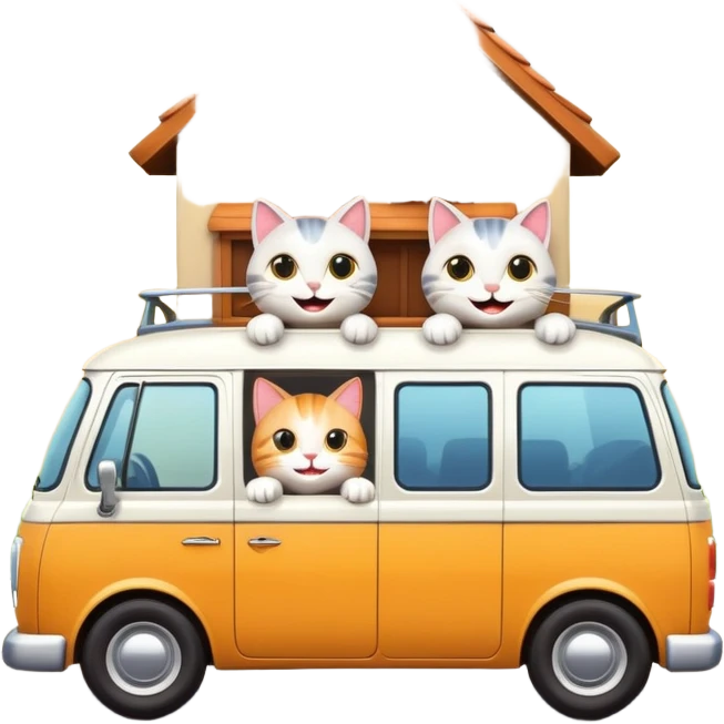 two cartoon cats in a van waving out the window at a small house in the background emoji
