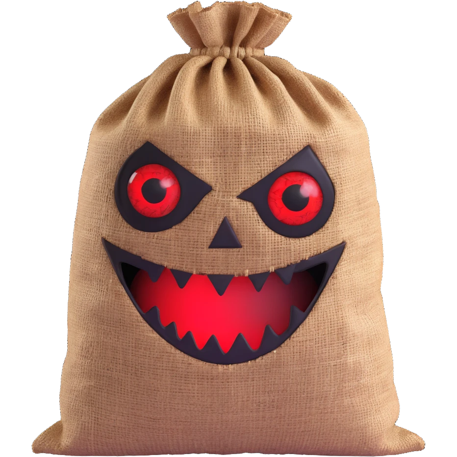 terrifying burlap sack face with jagged stitches and glowing red eyes emoji