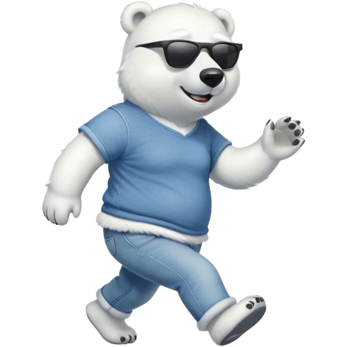 friendly anthropomorphised polar bear in jeans and a t-shirt, wearing dark sunglasses, jogging upright, relaxed pose emoji