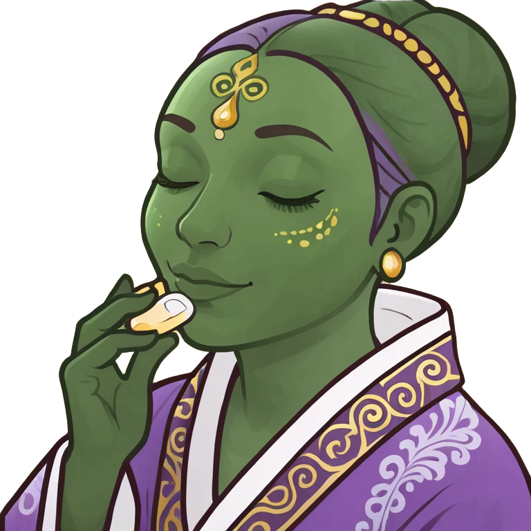 meme emoji of a person enjoying a soothing face rub with Slaanesh iconography subtly incorporated, purple and gold accents, ornate patterns, sense of pleasure and excess emoji