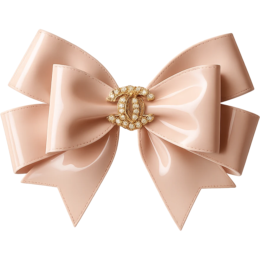 Remove the background, keep only the elegant bow with pearls and gold Chanel logo, glossy, pastel colors, realistic style, with no background. emoji