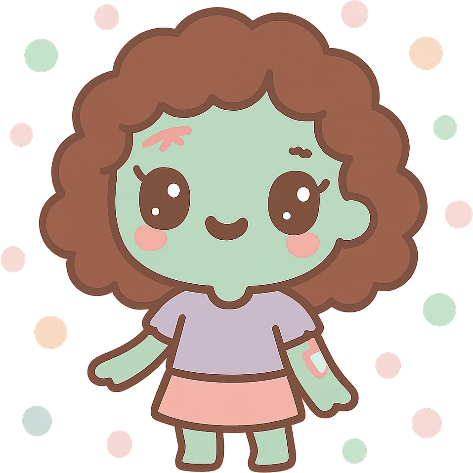 zombie girl with curly brown hair and brown eyes, stylized illustration emoji