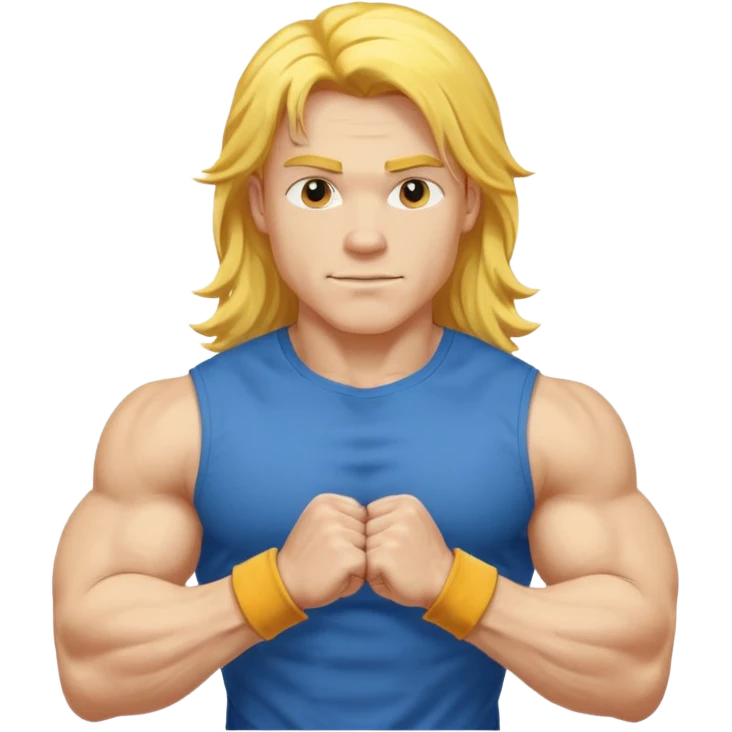 young guy with biceps fkexing, long yellow hair, blue t-shirt emoji