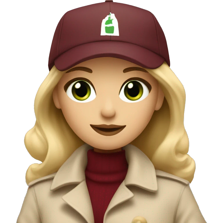 Blonde girl with green eyes in beige trench coat and burgundy baseball cap written Paris on it  emoji