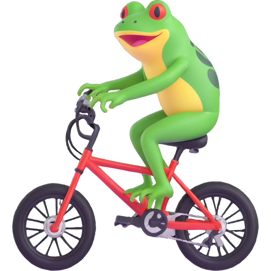 a frog riding a full suspension mountain bike, 3D emoji style emoji