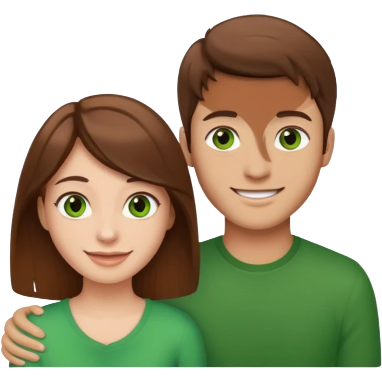 A boyfriend with light brown hair and green eyes next to his girlfriend with dark brown hair and dark brown eyes both are white emoji